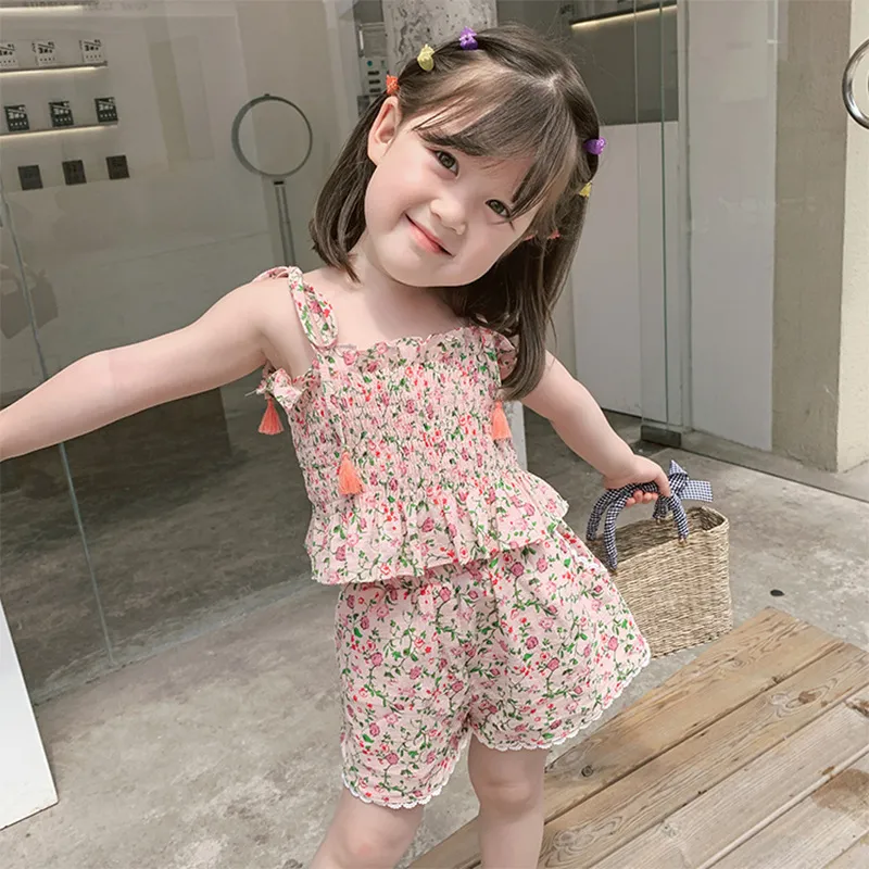 Sweet Girl Clothes Set Summer Baby Floral Sling Top con pantaloncini Moda bambini Cute Two-piece Suit 210515