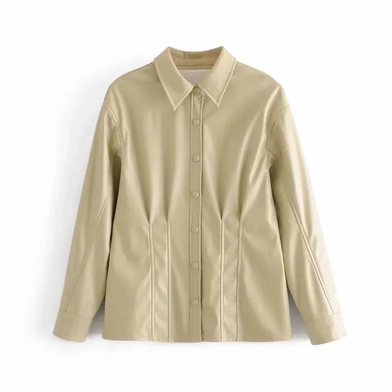 Kvinnor faux läderskjorta skräddarsydd med en vanlig krage och långärmad darted detalj snap-button 210520
