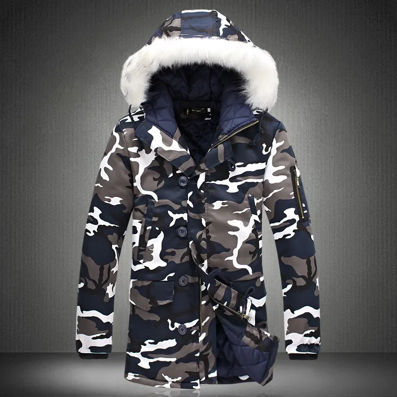 Stili classici Plus Giacca invernale in velluto Uomo M-5XL Moda Parka mimetico Uomo Cappotti militari Addensare Cappotti con cappuccio in pelliccia Wi