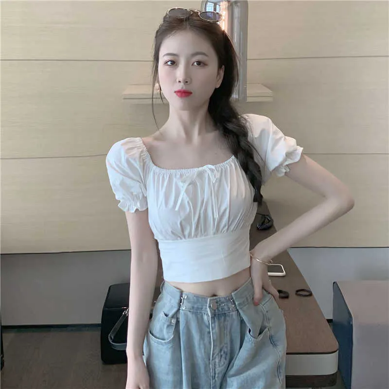 Sexy Fashion Crop Tops Slim Blanc Côté carré Sleeve Blouse Blouse Dossier Femme Bow Blusas Mujer Pink Perle Chain Chaîne Shirts Sweet 210610