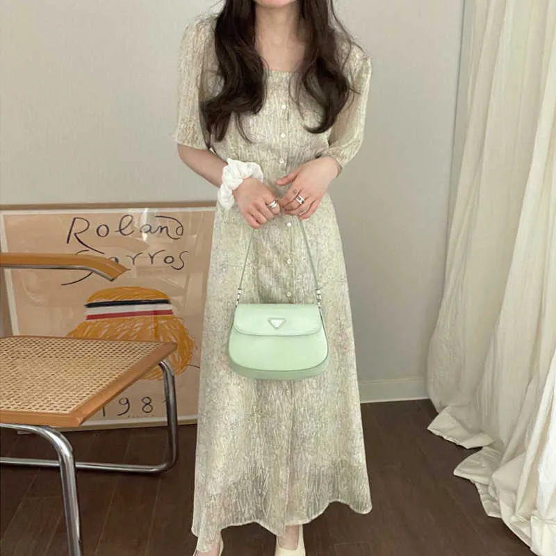 Korejpaa Kvinnor Klänning Korea Elegant Temperament Square Collar Fold Texture Lace Midja Single-Breasted Short-Sleeved Vestido 210526