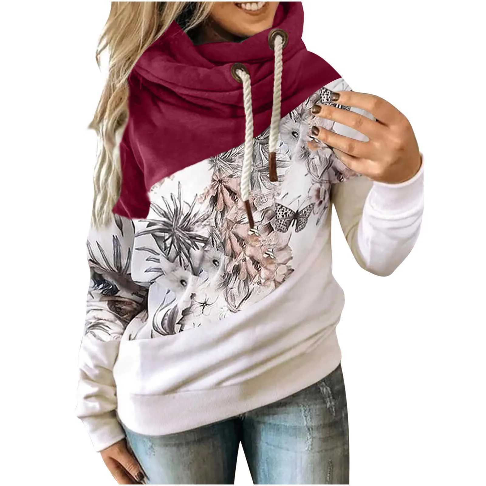 Floral Printed Hoodies Women Casual Stitching Ladies Hooded Sports Flower Priting Harajuku Female Sweatshirt Dropshipping X0629