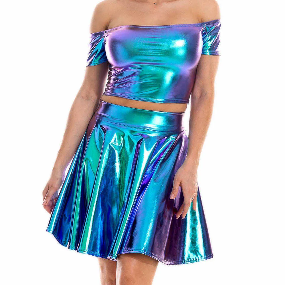 Zomer Sexy Laser Hoge Taille Mini PU Lederen Rok Club Party Dance Shiny Hologographic Rokken Harajuku JK Metallic geplooid 210629