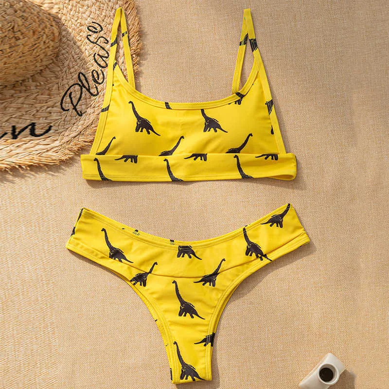 Sexy rose dinosaure imprimé maillot de bain femmes baigneurs bandeau bikinis 2020 femme Push up maillots de bain femmes natation maillot de bain belle Y0820