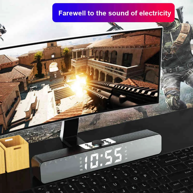 Barra de sonido LED Altavoces compatibles con Bluetooth Barra de sonido de cine en casa Radio FM Reloj despertador Subwoofer inalámbrico PC TV Computadora