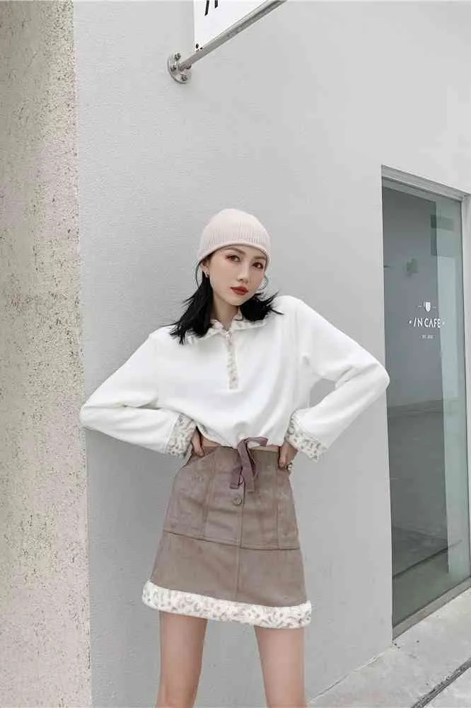 冬のスエードのスカートの女性の毛皮の端の高い腰鉛筆小型韓国風ボディコンミニスカート210427
