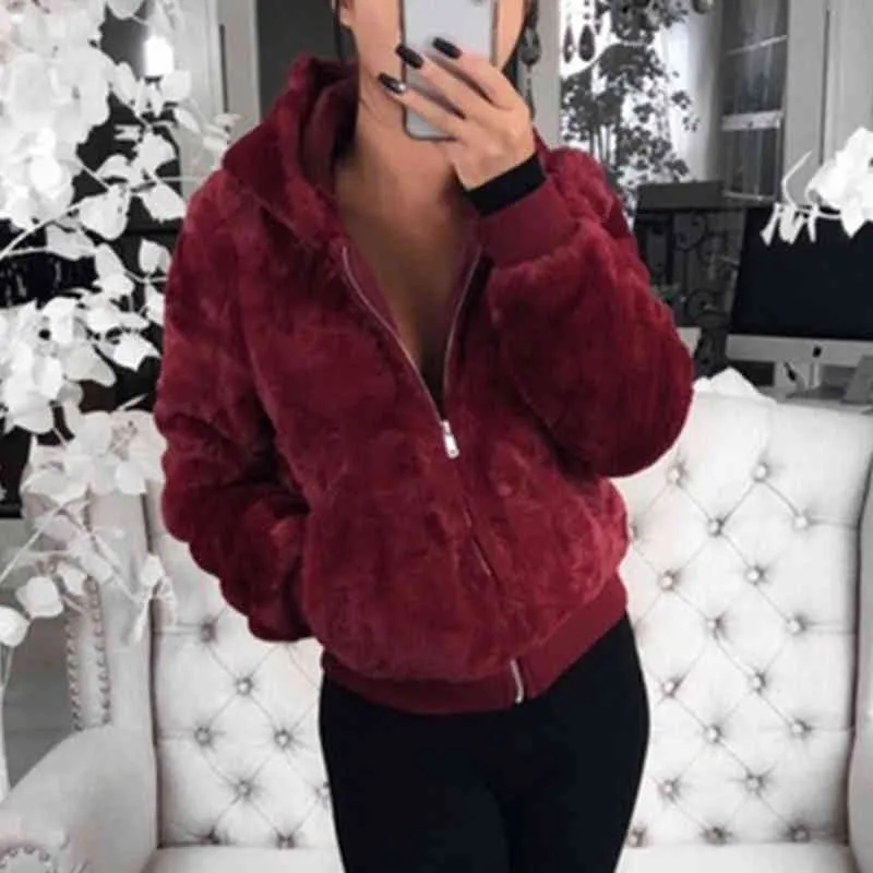 DIHOPE fausse fourrure femmes manteau avec capuche taille haute mode mince noir rouge rose veste faux lapin manteaux 211220