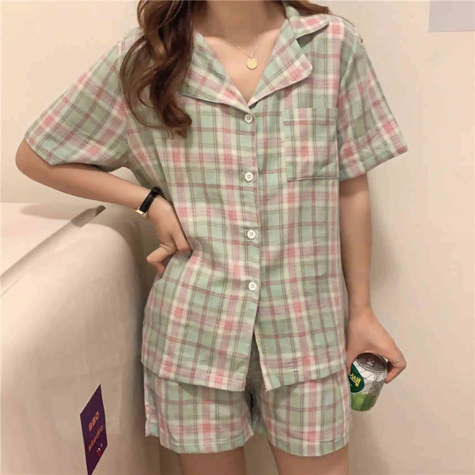 Caiyier Sweet Pyjama Kvinnor Nattkläder Grid Tryckt sommar Kortärmad SleepWear Trendy Fritid Koreanska Style Shorts Homewear Suit 211109