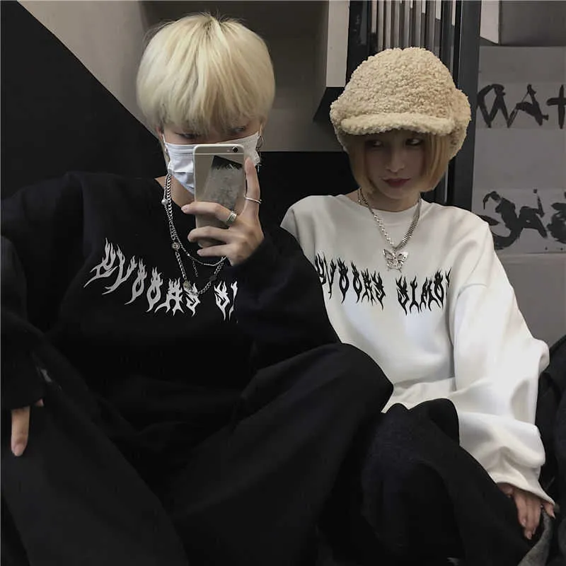 Wiosna Streetwear Black Tops Girls White Gothic Oversized Bluza z kapturem Hip-Hop Cool Para High Street Bluzy 210803