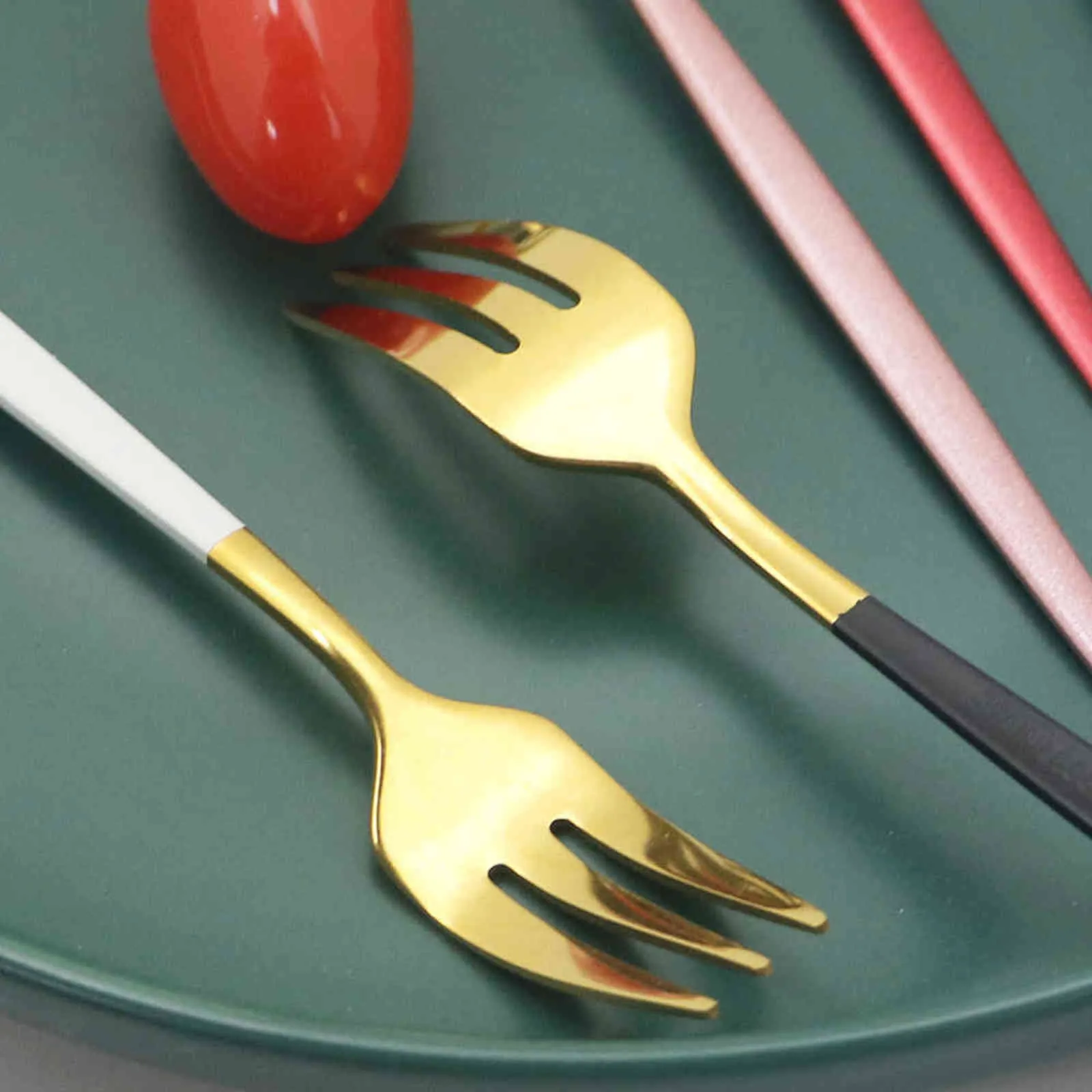 Gold Cutlery Set Stainless Steel Dinnerware Kitchen Black Tableware Fruit Cake Fork Flatware Silverware Table 211112