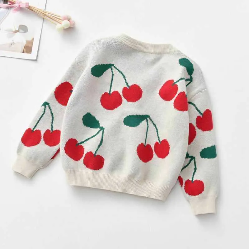 Tjejer cardigan tröja stickning ull mode körsbär ren färg v-neck kids kappa kläder wl011 210610