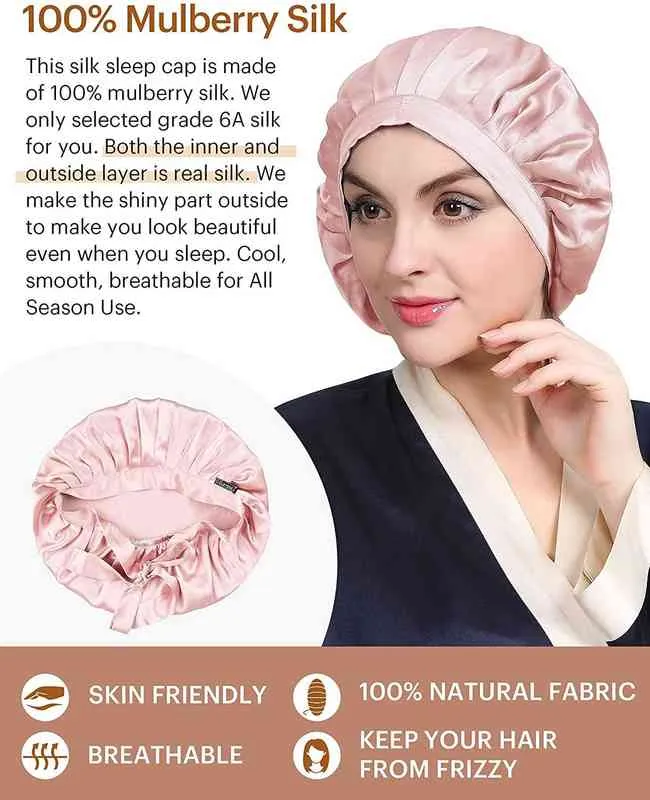 100% Silk Night Sleep Cap Sleeping Hat 19 Momme Soft For Women Hair Beauty With Adjustable Elastic Ribbon Y220222254e