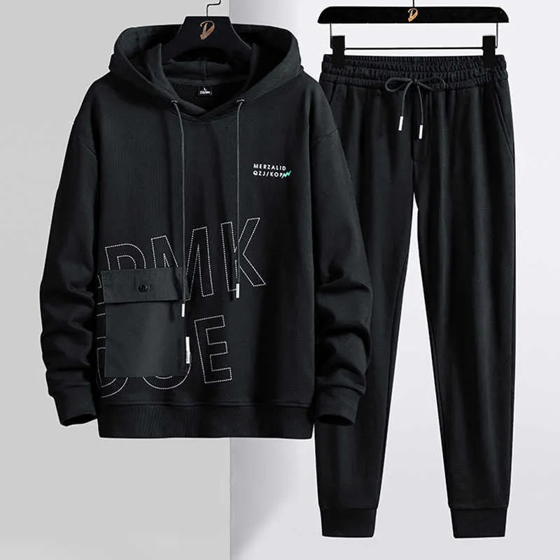 2021 Brand New Black Grey Pullover Tracksuit Men Plus Size Streetwear Big Pockets Men's Hoodie Sets Hooded Jogger Sweat Suits X0909