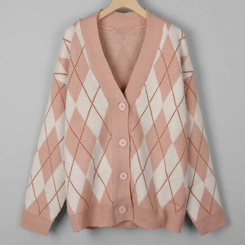 Argyle Cardigan Dames Gebreide trui Losse Single Breasted Studenten V-hals Mooie Knitwear Koreaanse Oversize Winter Tops 210914