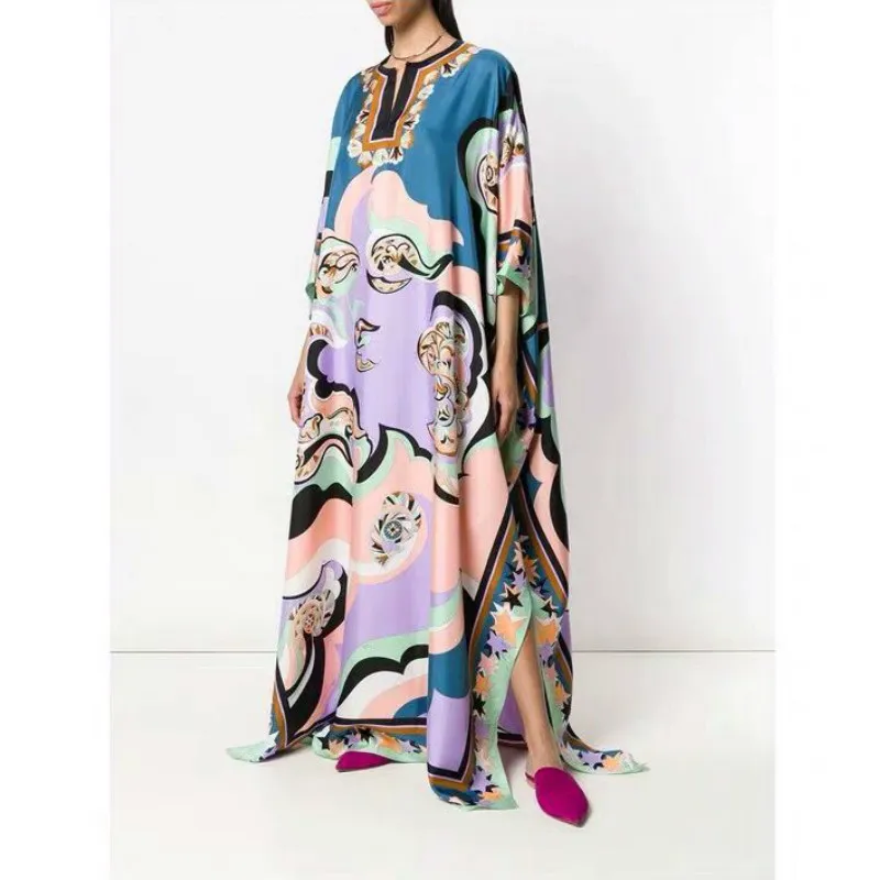 VKBN s Mode Frauen Langes Kleid Dreiviertel V-ausschnitt Geometrische Muster Druck Maxi Kleider für Frauen 210507