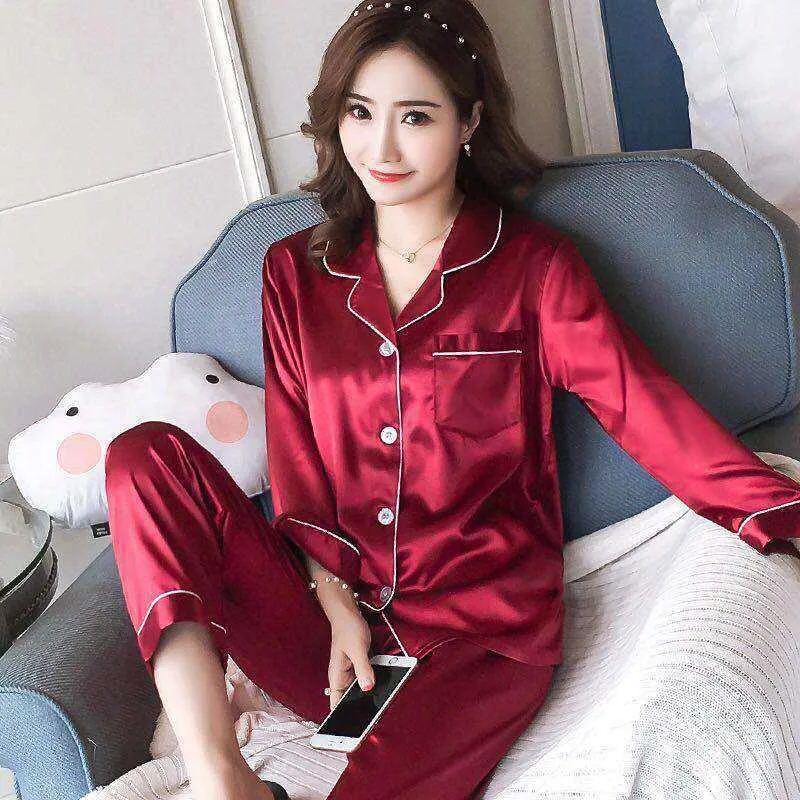 Women Satin Silk Pajamas Sets Adult Spring Autumn Faux Flower Print Sleepwear long Sleeve Shirt and Pant V-Neck Nighties 210809