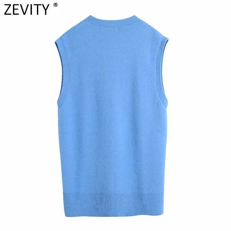 Zevidade Mulheres Moda V Neck Diamante Sólido Botões Soft Knitting Camisola Fêmea Sem Mangas Casuais Colete Chic Cardigans Tops S648 210806