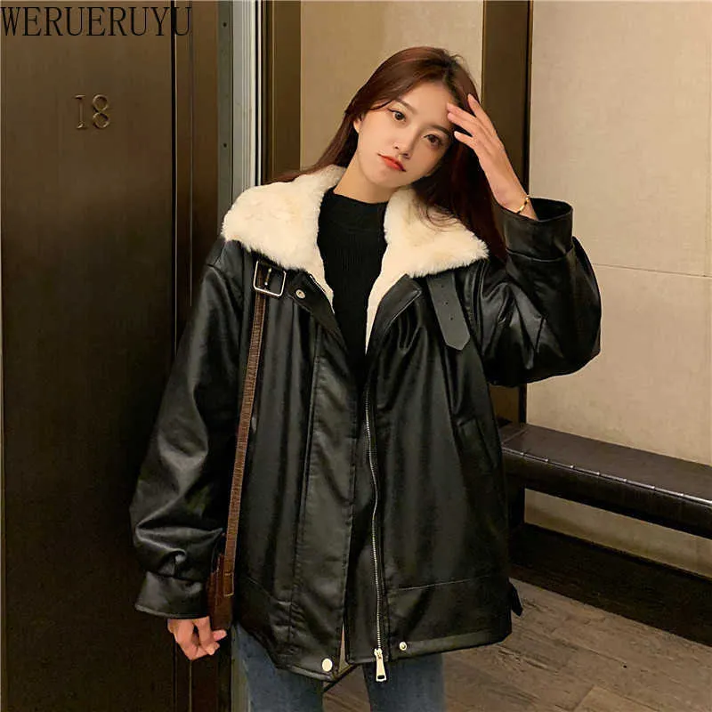 Werueruyu Dames Herfst Winter Black Faux Lederen Jassen Zipper Basic Jas Turn-Down Kraag Motor Biker Jacket 210608