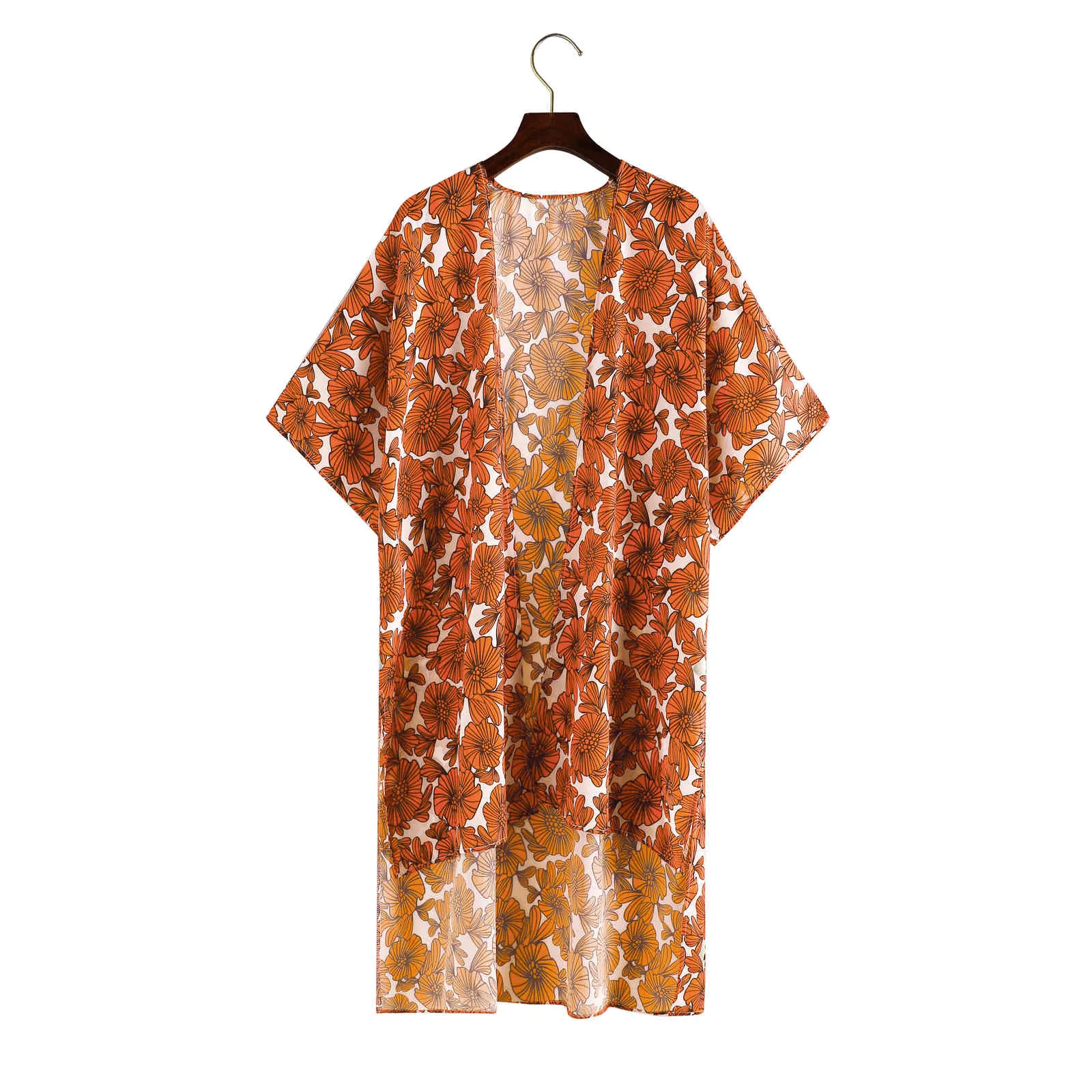 Orange Boho Imprimer en mousseline de soie Maillot de bain Cover-ups Plus Size Beach Wear Long Kimono Dress Femmes Maillot de bain d'été Cover Up A809 210420