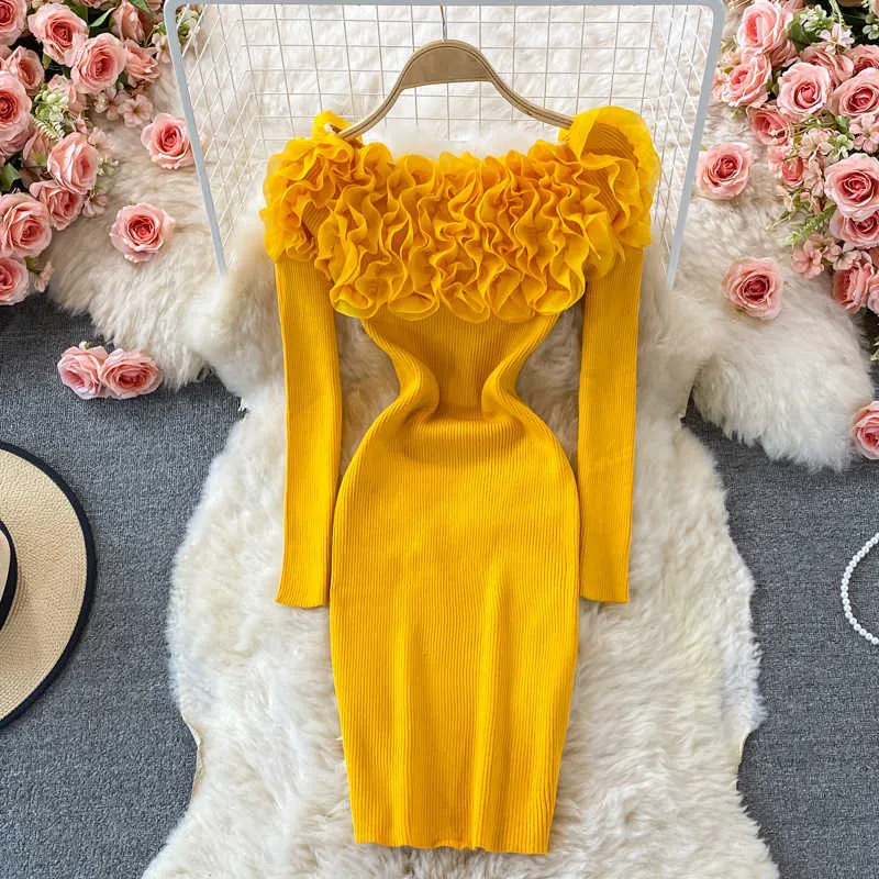 Rüschen Slash NeckDresses Für Frauen 2021 Sexy Liebsten Rippen Gestrickte, Figurbetontes Kleid Frauen Herbst Langarm Mini Pullover Kleid Y1006