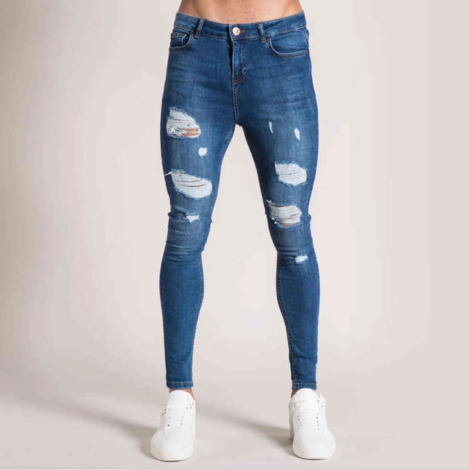 Mężczyźni Skinny Jeans Ripped Hole Casual Denim Spodnie Pełna długość spodnie ołówkowe Szczupły Duży Rozmiar Solidna Bawełniana Stretch Mężczyzna Trudno Dżinsy 211120