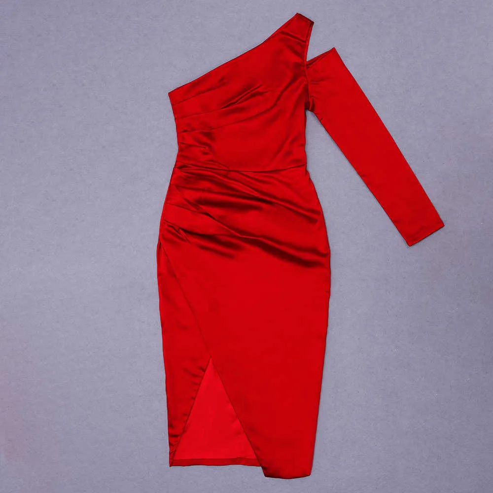 Arrivée Femmes Sexy Designer À Manches Longues Une Épaule Rouge Robe Moulante Dames Élégante Fête De Bal Robe 210527