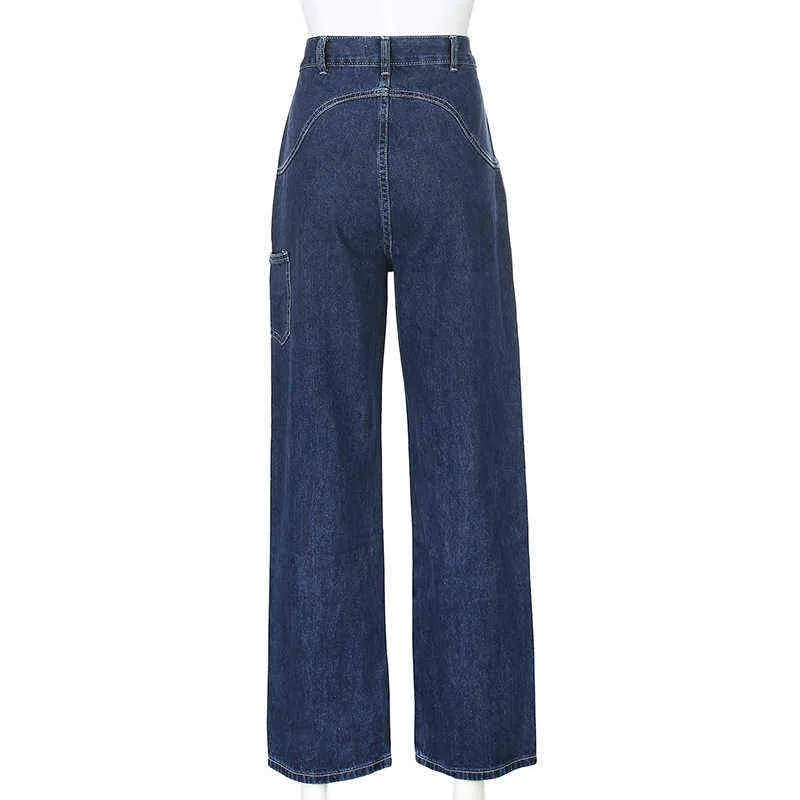 Retro blauwe vrouw jeans causale losse baggy hoge taille magere zakken cargo broek rits knop wijde pijpen jeans mujer pantalones 211111