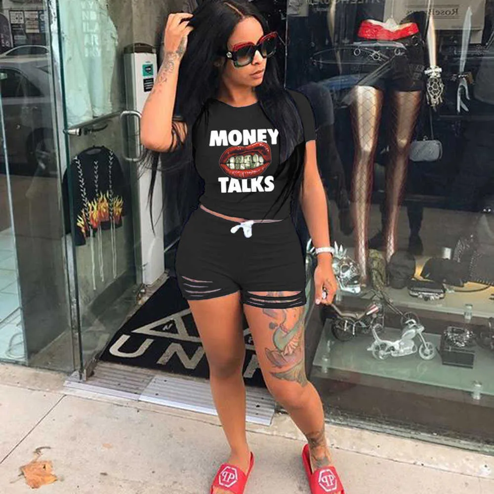 Summer Money Talks Outfit Women Biker Shorts Sets Tracksuits Casual Streetwear Suits Two Set 211022