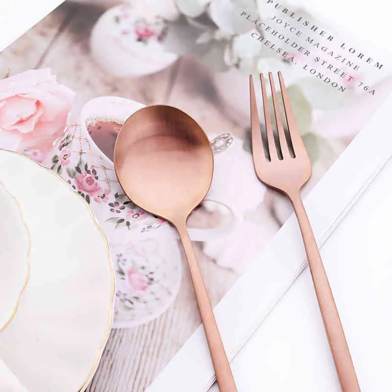 Rose Gold Cutlery Set Knife Fork Coffee Spoons Dinnerware Stainless Steel Tableware Western Kitchen Silverware 211228