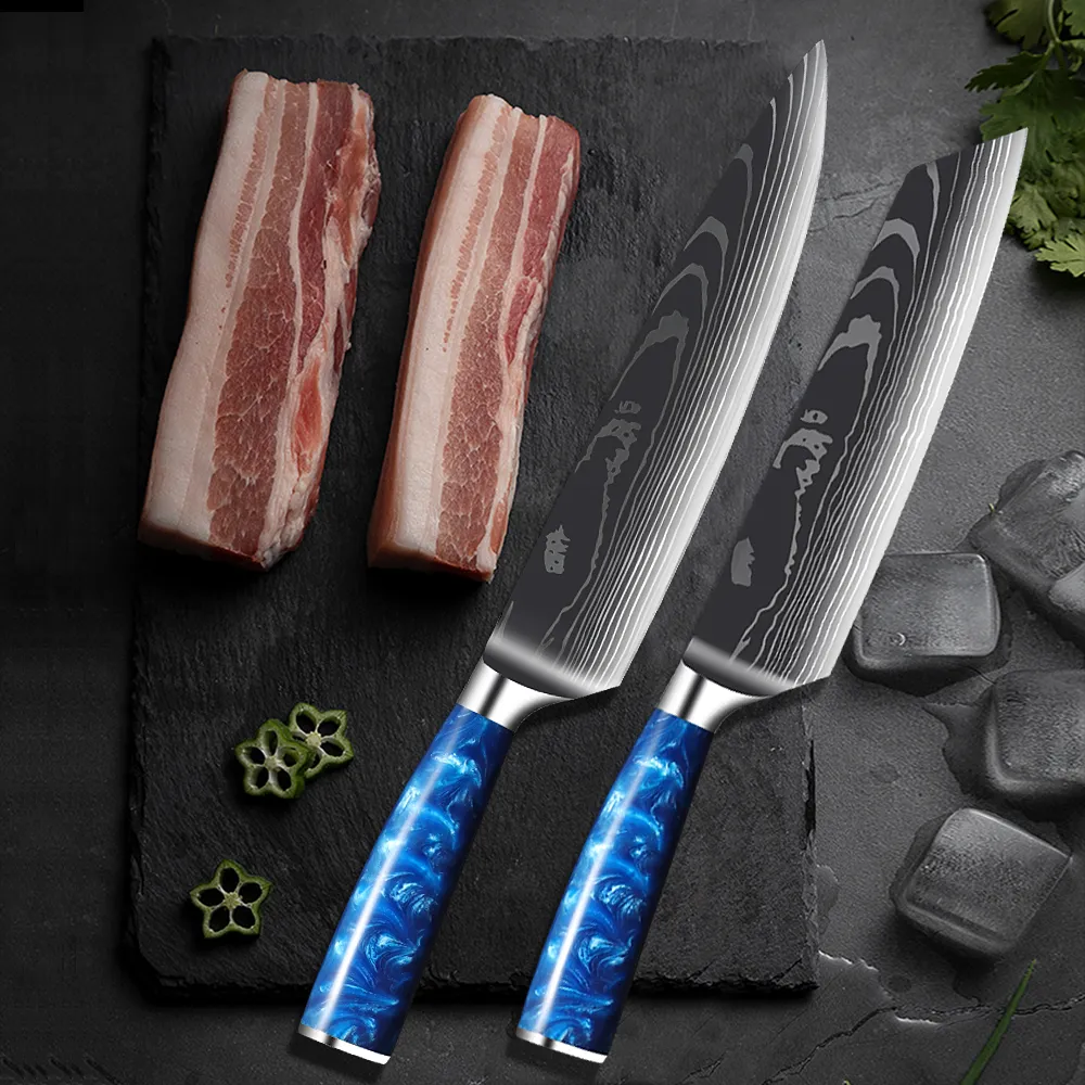 Kockknivset i rostfritt stål Köksknivar Professionell japansk Santoku Cleaver Sharp Resin Handtag Laser Damascus Mönster Sharp Utility Skivning Matlagningsverktyg