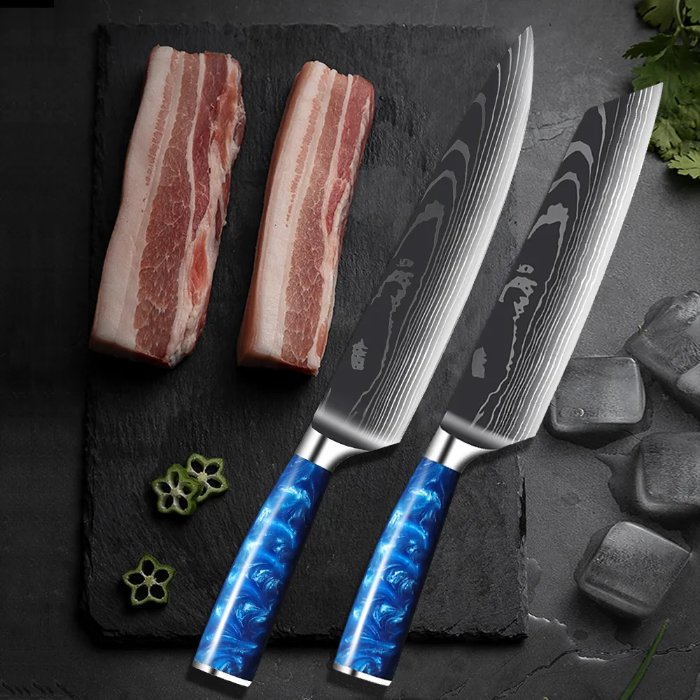 Rostfritt stål kockkniv set kök knivar professionella japanska santoku cleaver skarp harts handtag laser damascus mönster shar1001390