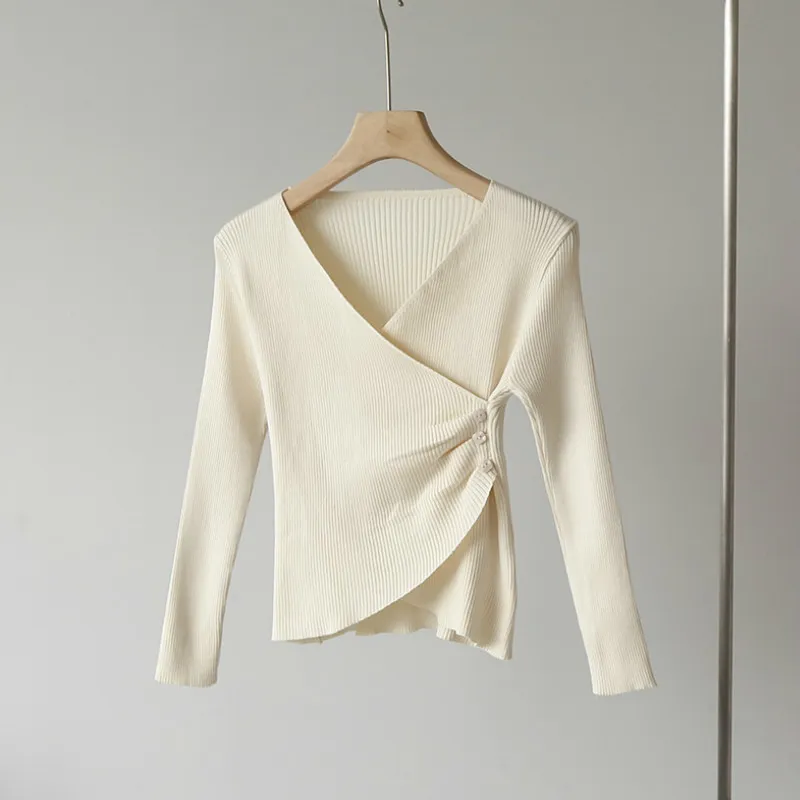 Ezgaga Elegant Sweater Women Vintage Slim Criss-cross V-Neck Irregular Solid Button Office Lady Knitted Tops Soft Autumn Fashion 210430