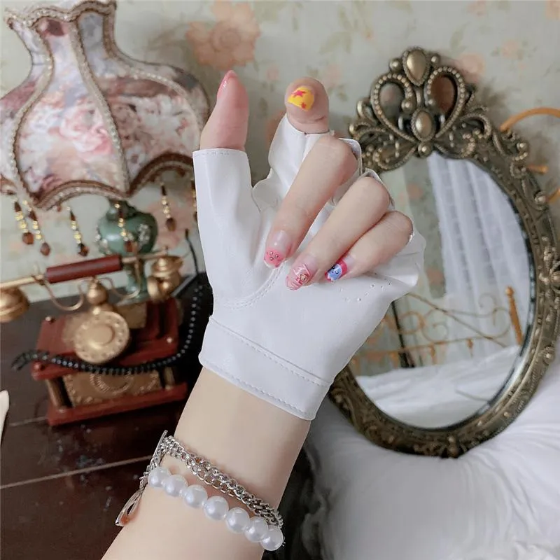 Five Fingers Gloves Fingerless Anime PU Leather Kawaii Heart Black White Pink Fashion Streetwear Women Punk Goth Lolita T436218R