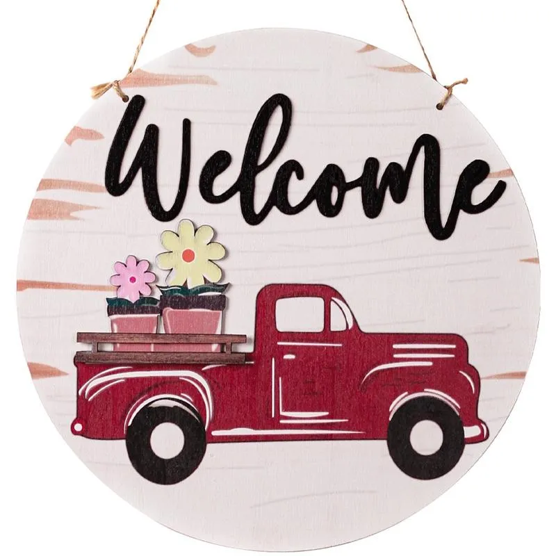 Panneau de porte de bienvenue pour camion rouge saisonnier interchangeable, articles de nouveauté, cintre rond en bois, couronnes, signes pour décoration de maison de ferme 235H