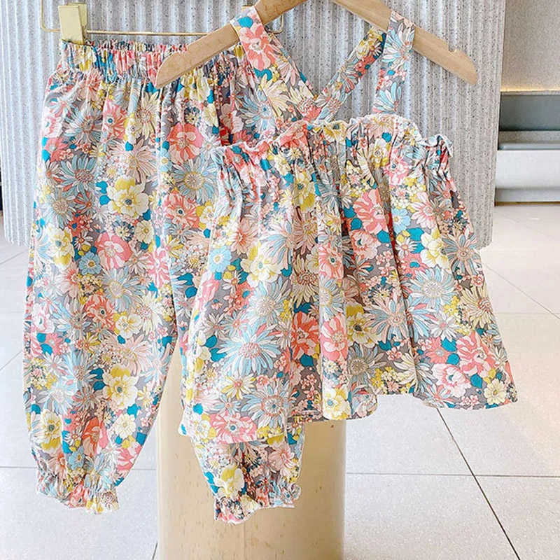 Meisjes Set Summer Flower Sling Top + Broek 2 stks Kleding Sets Kinderkleding voor Kid 210528