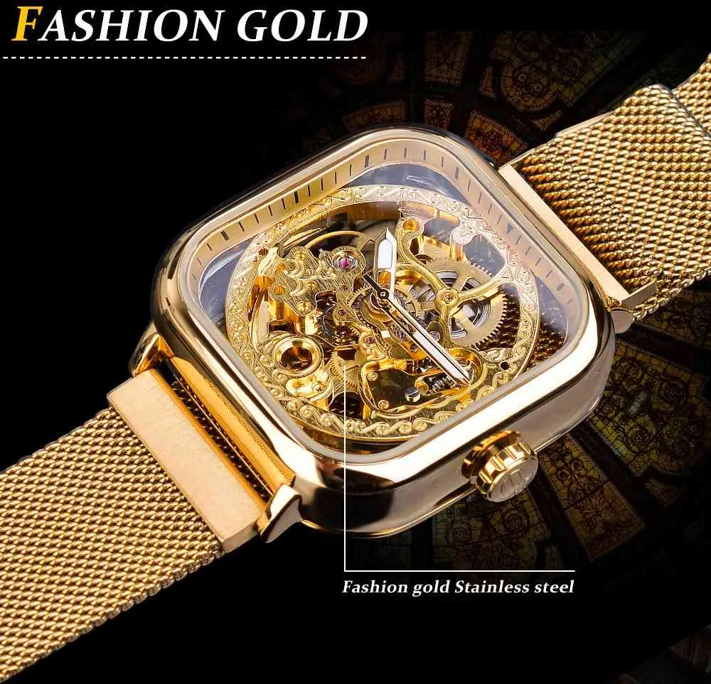 Aflammer Hommes Mechanical Montres Automatic Self-Vent Golden TRANSPARENT MASE STECTEUR D'ACIER STOREWATCH Squelette Homme Homme