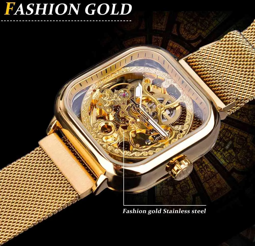 Forseining Mężczyźni Zegarki Mechaniczne Automatyczne samonadrowe Złoty Przezroczysty Moda Siatka Zegarek Zegarek Szkielet Mężczyzna Mężczyzna