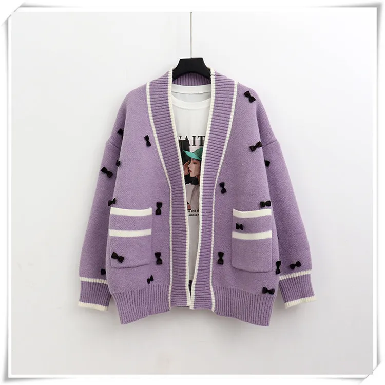 H.Sa Kobiety i Casual Luźne Kurtki Dzianiny Czarny Biały Łęku Stitch Cute Cardigans Różowy Sweter Cardigan 210417