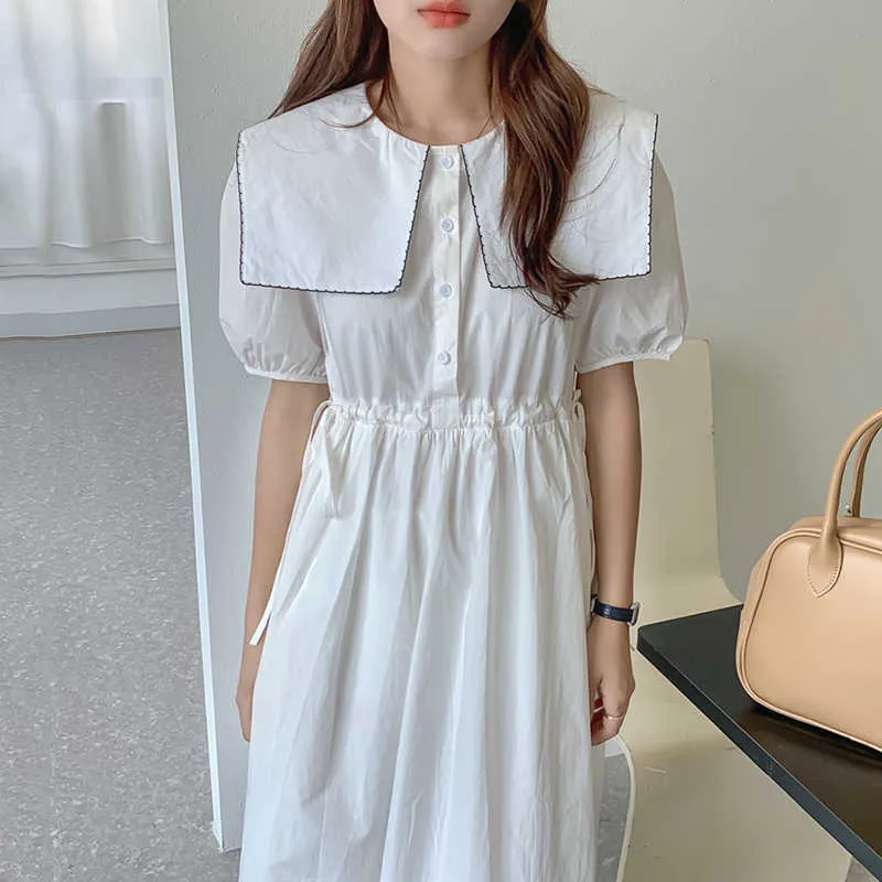 Korejpaa Women Dress Summer Korean Gentle Temperament Navy Collar Single-Breasted Drawstring Design Puff Sleeve Vestidos 210526