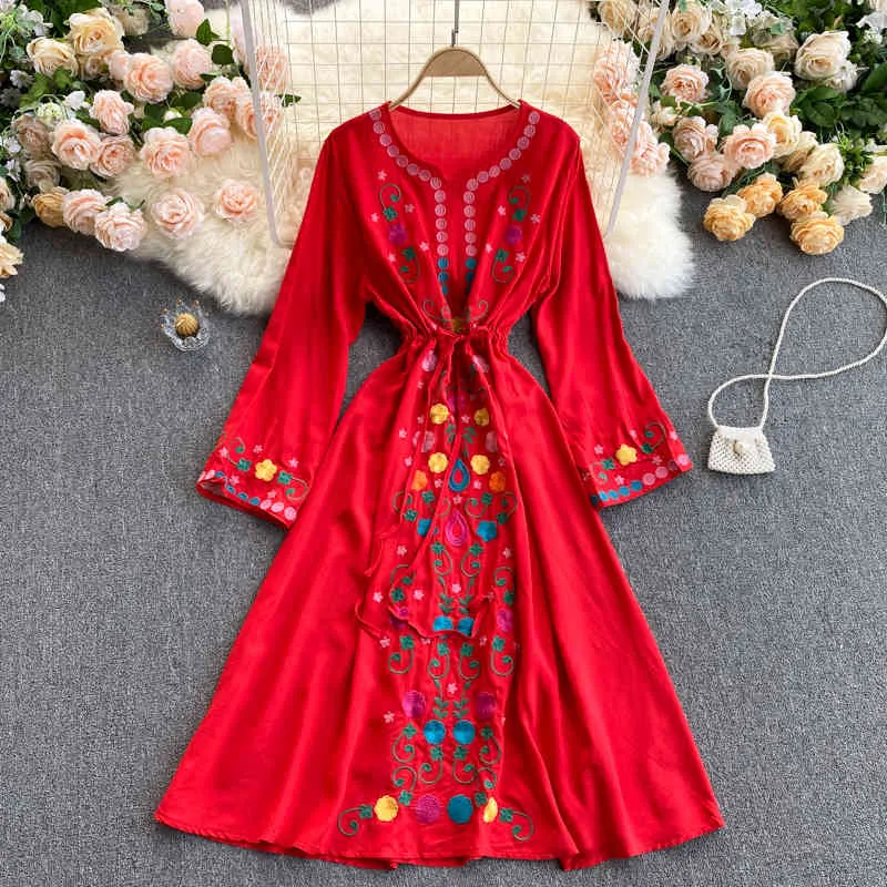 LoveFlowerLife Spring Casual Fashion Korean Retro Court Wind Print Dress Women V Neck Long Sleeve Lace Up A-line Dresses 210521