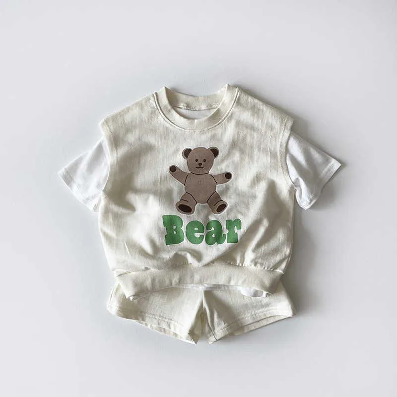 Летняя детская футболка унисекс, короткий комплект из 3 предметов, корейская детская мода, комплекты одежды с милым медведем, жилет для мальчиков и девочек, футболка, шорты, одежда 2108047173490