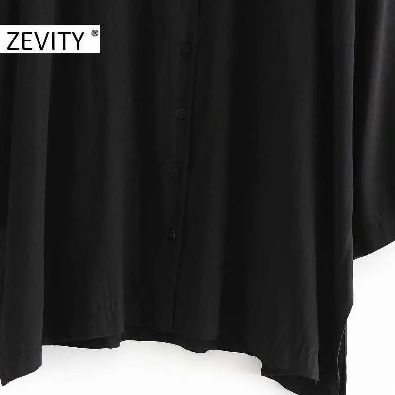 Zevity Women Eleganckie Collar Collar Casual Luźne Czarne Smock Koszula Bluzki Kobiety Batwing Rękawem Femininas Kimono Blusas LS7235 210603
