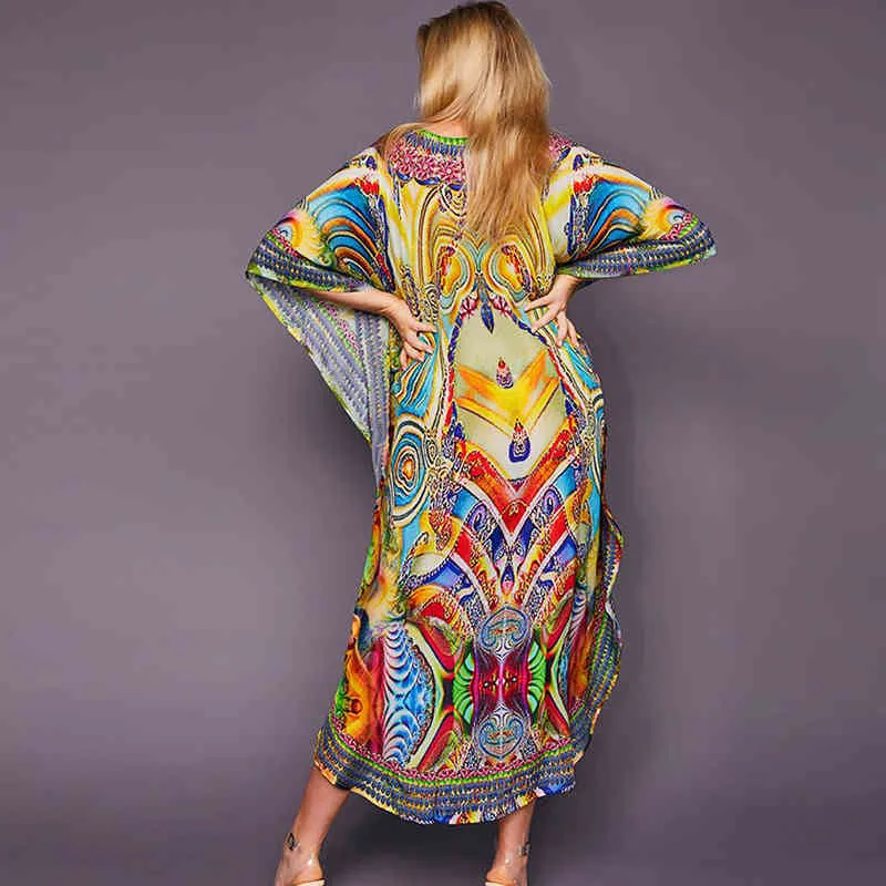 Разноцветные бикини Обложка Sexy V-образным вырезом половина рукава BOHO Летнее пляжное платье плюс размер пляжной одежды Cownuit Cover UP Q1151 210420