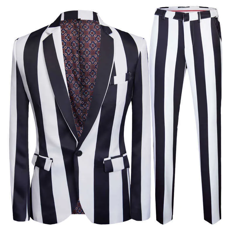 Pyjtrl tidvatten män 2-bitars set svart vit randig zebra stil kostymjacka med byxor mode casual slim kostym prom klänning tuxedos x0909