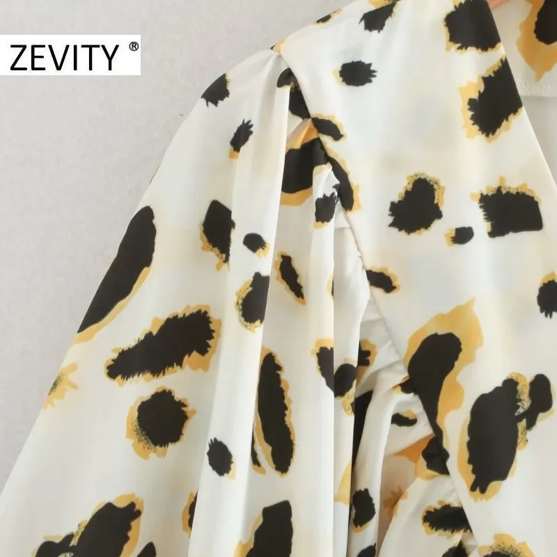 Femmes Vintage col en V imprimé léopard décontracté blouse blouse bureau dames plis lanterne manches Kimono dessus de chemise LS7262 210420