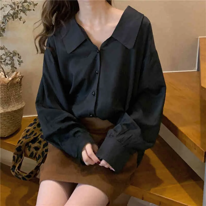 韓国のソリッドカラー秋の緩い長袖の普通人形襟のブルスのフェミニナスエレガントな女性のブラウスシャツトップ104D 210420