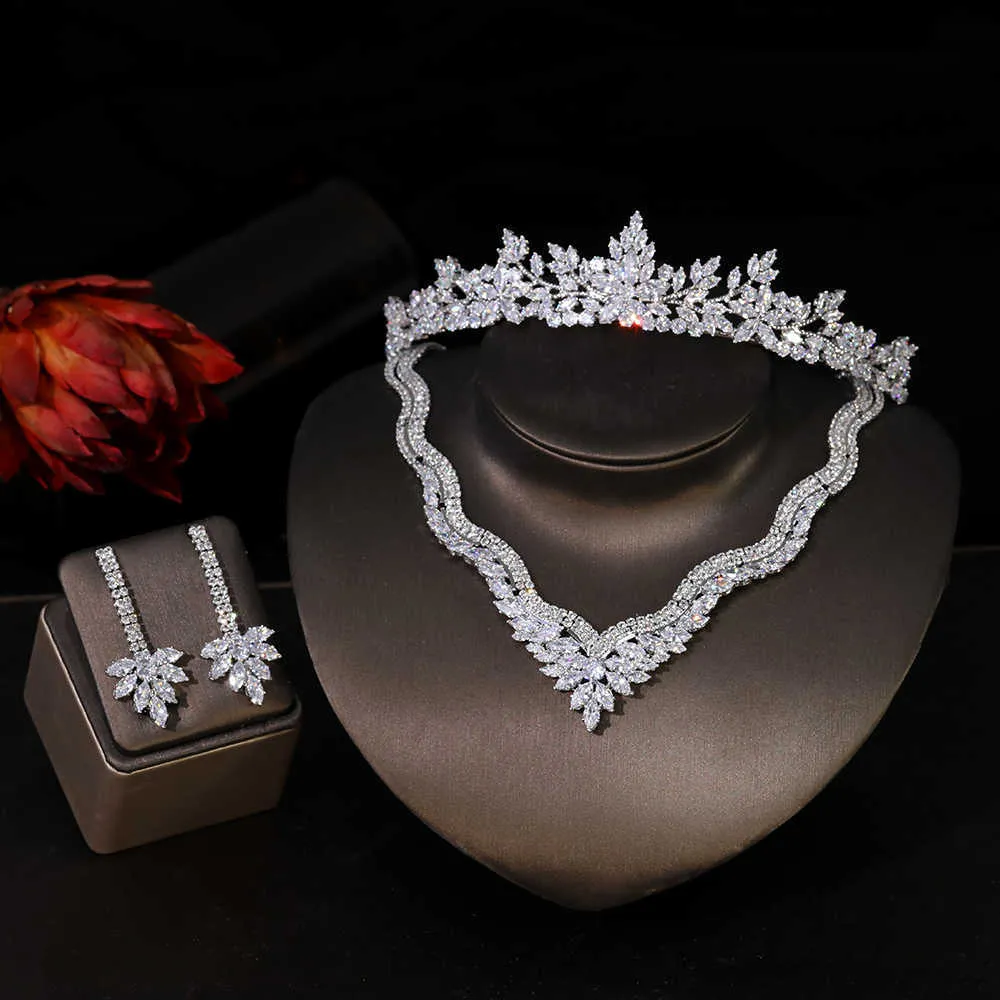 Bijoux de fête de mode collier de mariée Bracelet boucles d'oreilles couronne complète CZ mariage bijoux de mariée ensemble princesse cadeau adulte couronne T0981 H1022
