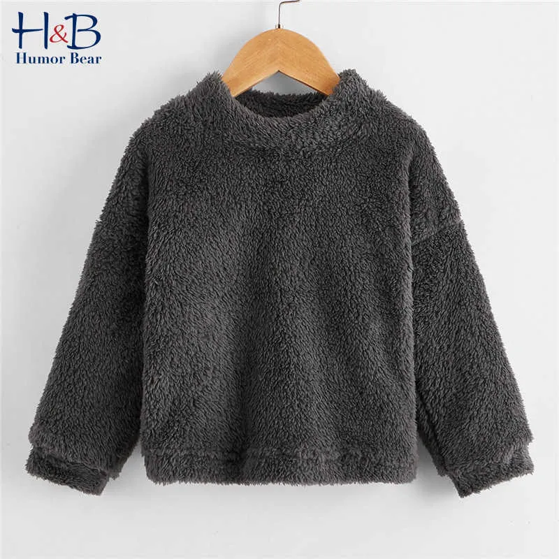 Humor Bear Kids Sweater 2021 Vår Höst Långärmad Rund Krage Solid Färg Tjock Fax Fur Casual Barn Outwear Blouse Y1024