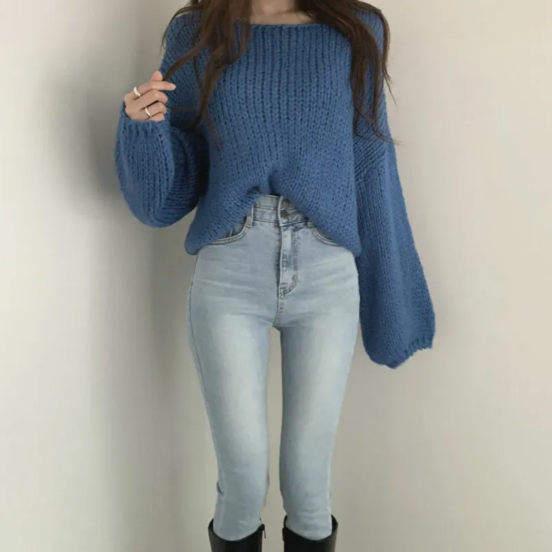 Ezgaga Sweet Vintage Truskawki Różowy sweter Kobiety Swetover Oversized Znosić Długie Długie Rękaw Puff Sleeve Knit Tops Elegancki Ciepły Jumper 210430