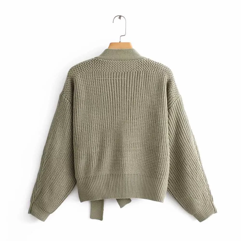 Womens green knitted Cardigan Sweater women long sleeve sashes chic sweater Streetwear Knit 211018